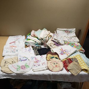 Set of Hand-Embroidered Linens, Towels, and Vintage Textiles