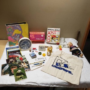 Lot of Household and Camping Items including Peter Max Binder, Official Scout Cook Kit, and Assorted Vintage Memorabilia