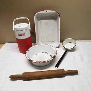Coleman PolyLite Cooler, Vintage Enamel Cookware and Rolling Pin