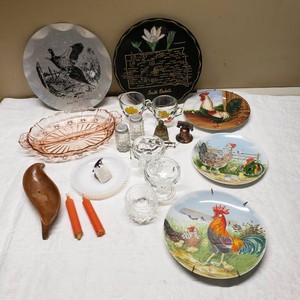 Assorted Home Decor and Kitchen Items including Decorative Plates and Glassware