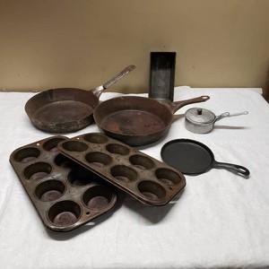Vintage Cookware Lot including EKCO Muffin Pans, Banner Skillets, and Aluminum Saucepan