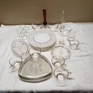 Assortment of Glassware Items Including Serving Trays, Cups, and Bowls