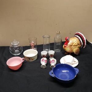 Vintage Kitchenware Assortment including Fiesta Blue Bowl, Hall Bowls, Elmer Fudd Glass, and Glass Jar