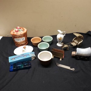 Assorted Vintage Collectible Items including Avon Wild Country After Shave Bottle and Ceramic Cookie Jar, Budweiser Bottle Opener, and More