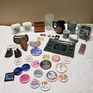 Assorted Collectible Memorabilia including Buttons, Mugs, Keychains, and Souvenirs