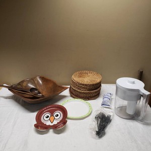 Wooden Salad Bowl and Servers, Wicker Placemats, Filter Pitcher, and Plate Set