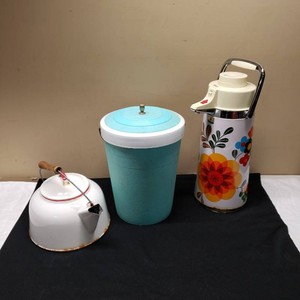 Plastic Ice Bucket with Lid, Enamel Tea Kettle, and Floral Vacuum Thermos