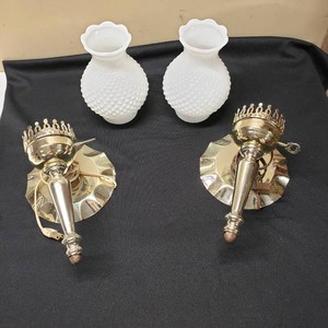 White Milk Glass Hobnail Lamp Shades and Brass Wall Sconces