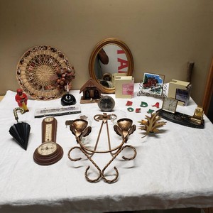 Vintage BarometerThermometer and Assorted Decorative Items including Clocks, Mirror, and Plaques
