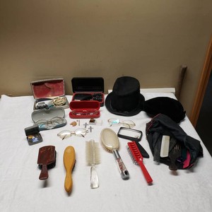 Box of Miscellaneous Personal Items including Eyeglasses, Brushes, Hats, and Shaving Equipment