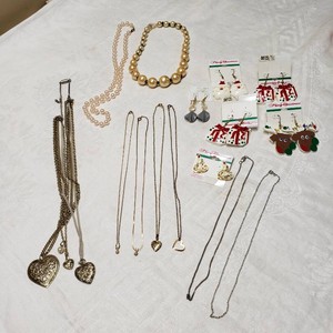 Jewelry and Christmas Earrings Lot including Heart Pendants and Pearl Necklaces