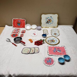 Vintage Toy Dishware with Floral and Animal Designs and Accessories