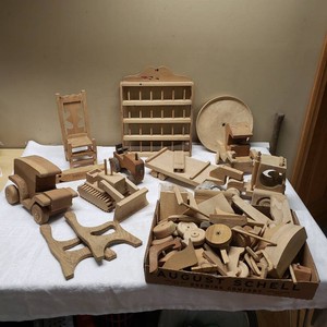 Handcrafted Wooden Toys and Parts Lot including Vehicles and Furniture