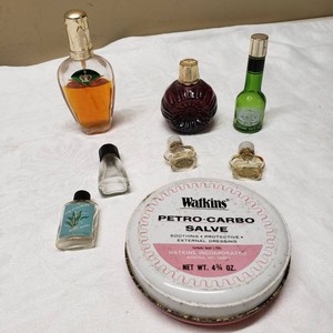 Lot of Vintage Perfume Bottles and Watkins Petro-Carbo Salve