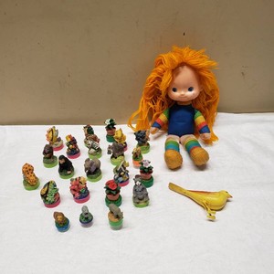 Colorful Doll with Animal Stamps and Figurines Lot