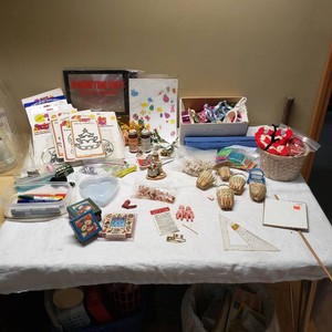 Various Craft Supplies and Home Decor Items including Marvy Uchida Embossing Markers, Heart-Shaped Molds, Suncatchers, and Miniature Baskets