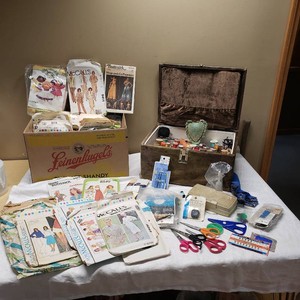 Vintage Sewing Patterns, Scissors, and Notions Assortment