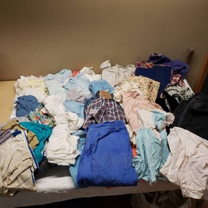 Lot of Vintage Clothing and Accessories including Deerfield Plaid Shirt, Angles by Pandora White Pants, Floral Fabrics, and More