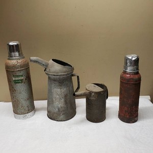 Vintage Stanley Thermos, Oil Can, and Gas Can Lot