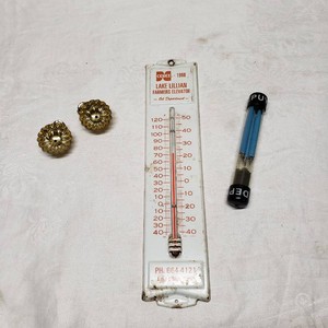 Cenex Lake Lillian Thermometer, Drafting Pen Set, and Brass Candle Holders