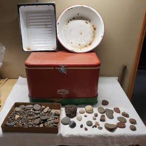Thermos Brand Vintage Cooler, Assorted Rocks and Enamelware Basins