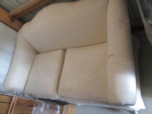 Vintage off-white upholstered 2-cus...
