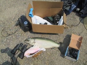 Binoculars, sea Conch, GPS device, ...