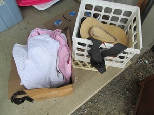 Plastic milk crates with assorted b...