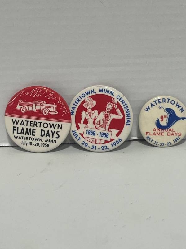 3 Watertown MN Pinback Buttons 1956 Centennial, 1958 & 1961 Flame Days