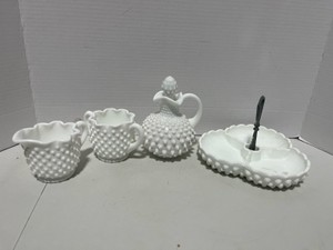 Fenton Milk Glass Hobnail Cream, Sugar, Cruet and Serving Dish