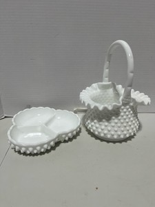 Fenton Hobnail Milk Glass Basket and Divided Serving Dish