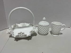 Fenton Hobnail Milk Glass Basket, Cream and Sugar