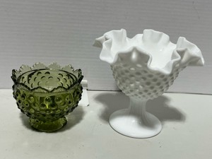 Fenton Colonial Green Hobnail Bowl and Ruffled Candy Dish