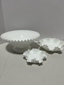 Three Fenton Milk Glass Hobnail Ruffled Bowls