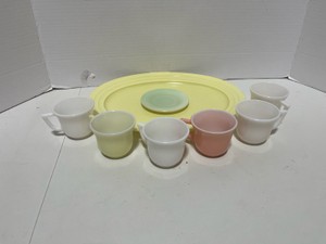 Cute set of 6 Hazel Atlas Childrens Tea Cups, Large Platter and on Saucer