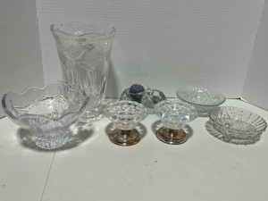 7 Pieces Heavy Cut Glass Vase, Bunny, Silver and Glass Candle Sticks, Three Candy Bowls