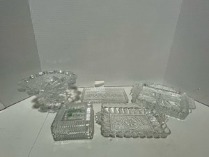 5 Cut Glass Pieces, Candy Dish, Divided Dish, Covered Box, Relish Dishes