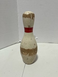 Vintage Distressed White and Red Striped Bowling Pin 6
