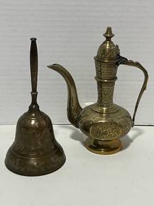 Vintage Indian Brass Etched Aftab Teapot and Bell India