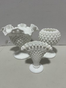 Fenton Ruffled Candle Bowl, Fan Vase and Ivy Ball Pedestal Vase