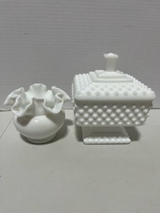 Fenton Ruffled Bowl and Covered Hobnail Candy Dish