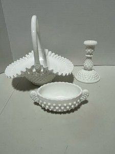 Fenton Handled Basket, Candlestick and Candy Dish