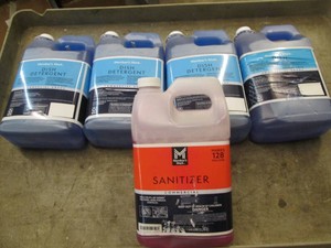 4 Gallons of commercial dish detergent and 1 gallon of commercial sanitizer