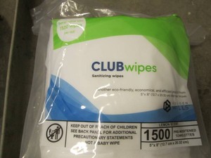 1500 Club sanitizing wet wipes in a zip top bag