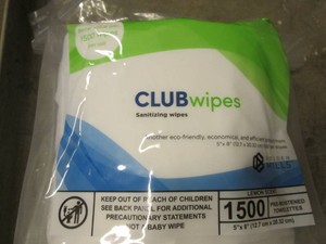 1500 Club sanitizing wet wipes in a zip top bag
