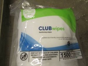1500 Club sanitizing wet wipes in a zip top bag