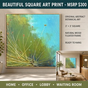 MSRP $300 Large 3 x 3 Original Abstract Botanical Canvas Painting in Natural Wood Floater Frame  Teal, Aqua and Sage Statement Art for Home, Office, Lobby or Waiting Room  Ready to Hang