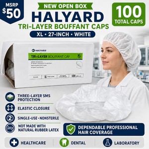 MSRP $50 New Open Box of 100 Halyard Tri-Layer XL White Bouffant Caps  27-Inch Three-Layer SMS Hair Covers With Elastic Closure  Single-Use and Not Made With Natural Rubber Latex