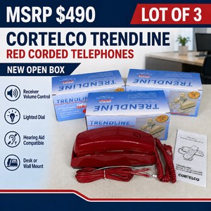 MSRP $490 Lot of 3 New Open Box Cortelco Trendline Red Corded Telephones  Receiver Volume Control, Lighted Dial and Hearing Aid Compatible  Desk or Wall Mountable