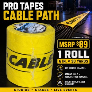 MSRP $89 New 1-Roll Pro Tapes Cable Path Yellow-and-Black Floor Cable Tunnel Tape, 6 In.  30 Yards  Dry Center Channel and Residue-Free Removal for Studios, Stages and Live Events